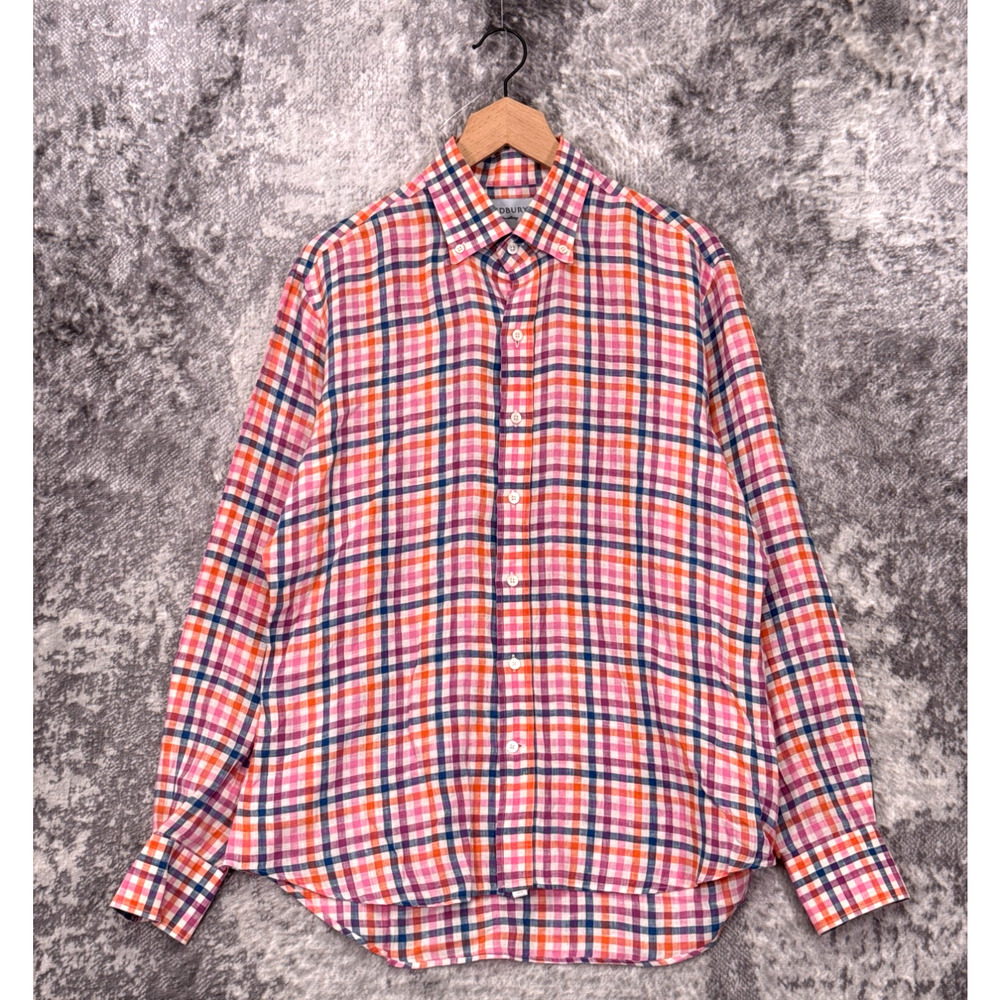Ledbury Shirt Large Mens Slim Fit Colorful Linen Gingham Check Long Sleeve